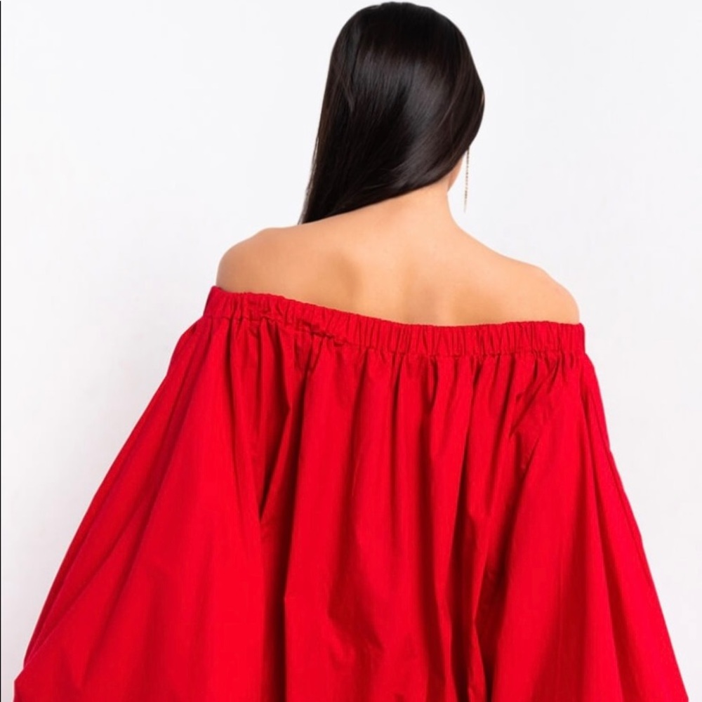 Off-Shoulder Red Balloon Sleeve Mini Dress - Picture 4 of 6